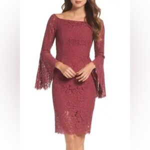 Elegant Lace Bell Sleeve fitted off shoulder Dress Dusty rose burgandy